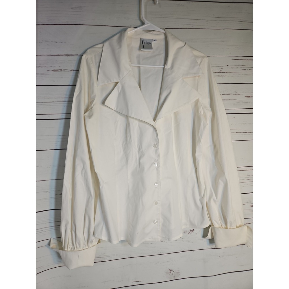 Finley Long Sleeves Womens Large White Button Up Roll Tab‎ Collared,